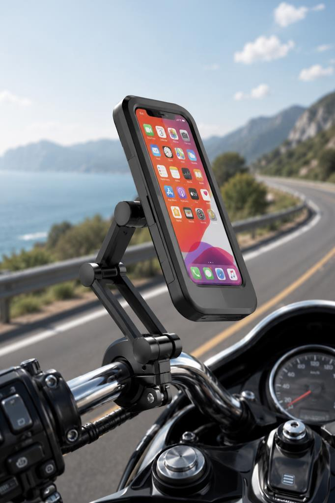 Sahil yoluna bakan motosiklet gidonundaki akıllı telefon tutucusu.