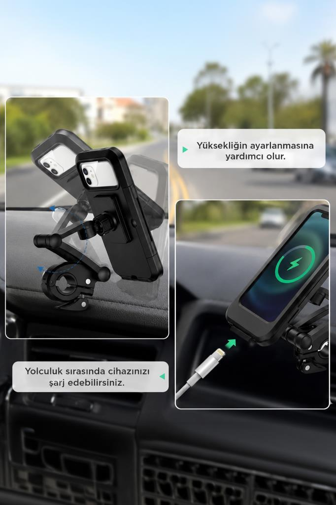 Şarj ve yükseklik ayarı özelliklerini gösteren araç telefonu tutucusu.