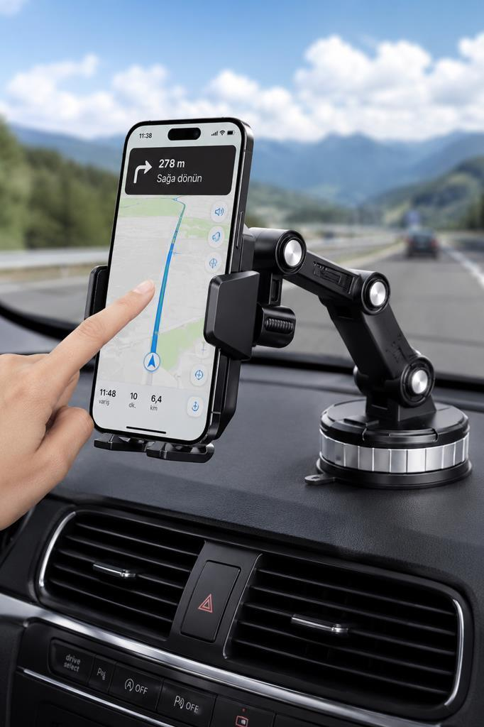Navigasyon gösteren telefon tutuculu araç ön paneli. Ekrana bir el dokunuyor.