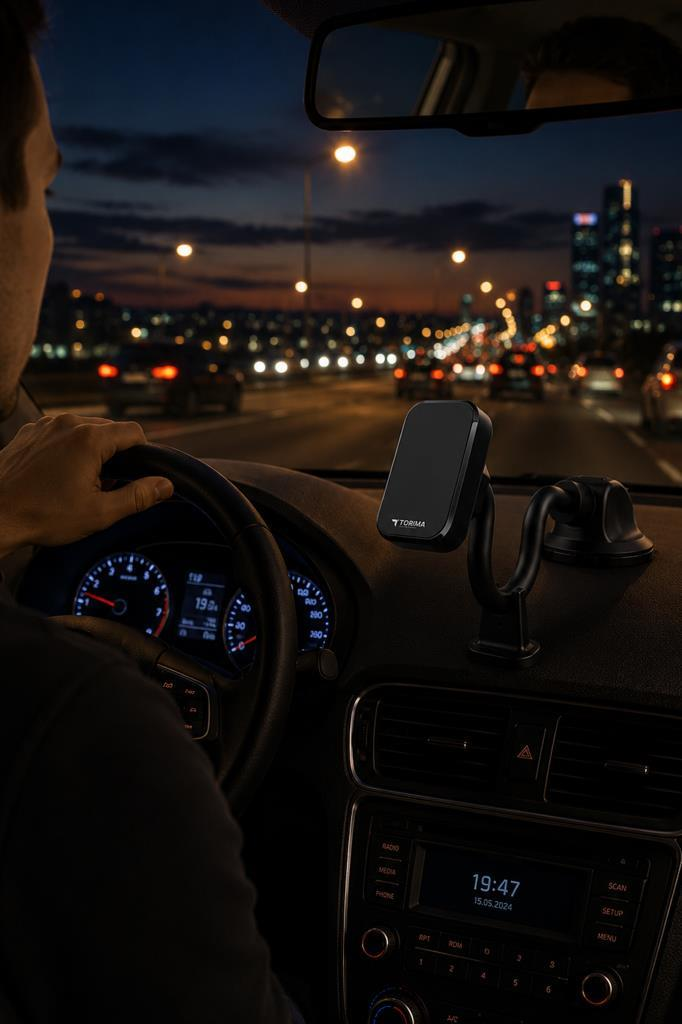 Bir adam gece araba kullanıyor. Gösterge panelinde telefon tutucu var.