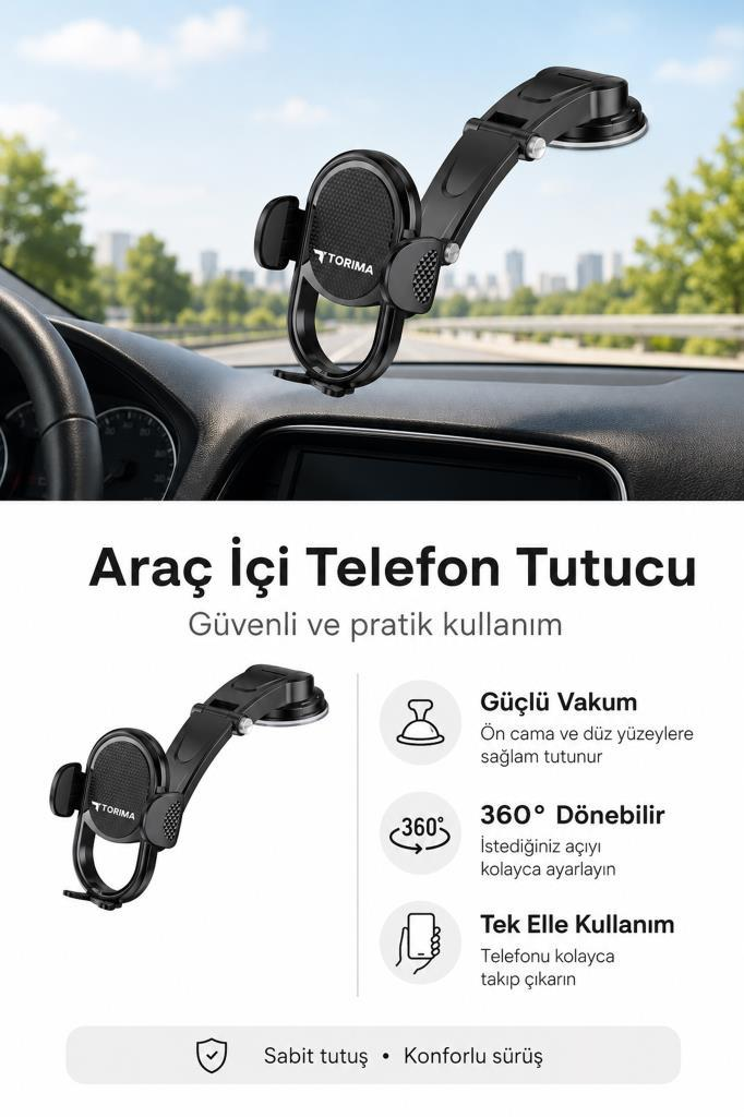 Siyah araç telefonu tutucu, gösterge paneline vantuzlu, 360 derece dönebilir.