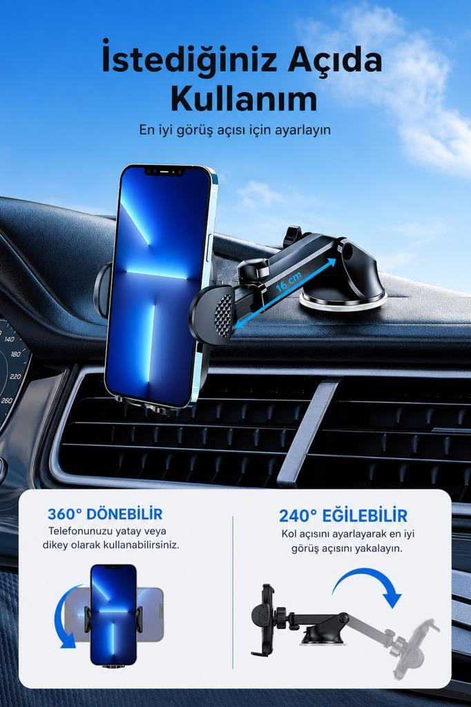 Akıllı telefonu tutan vantuzlu ve ayarlanabilir kollu araç telefonu tutucusu.
