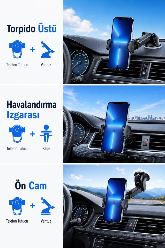 Üç araç telefon tutucu kurulumu: gösterge paneli, havalandırma, ön cam.