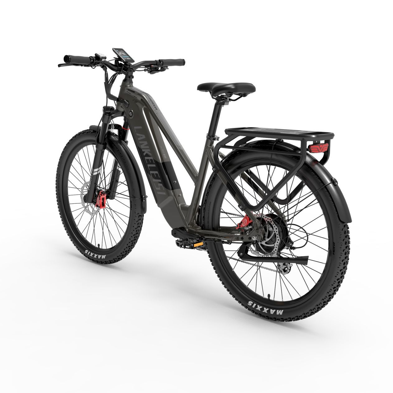Una bicicleta eléctrica gris con portaequipajes trasero y neumáticos anchos.