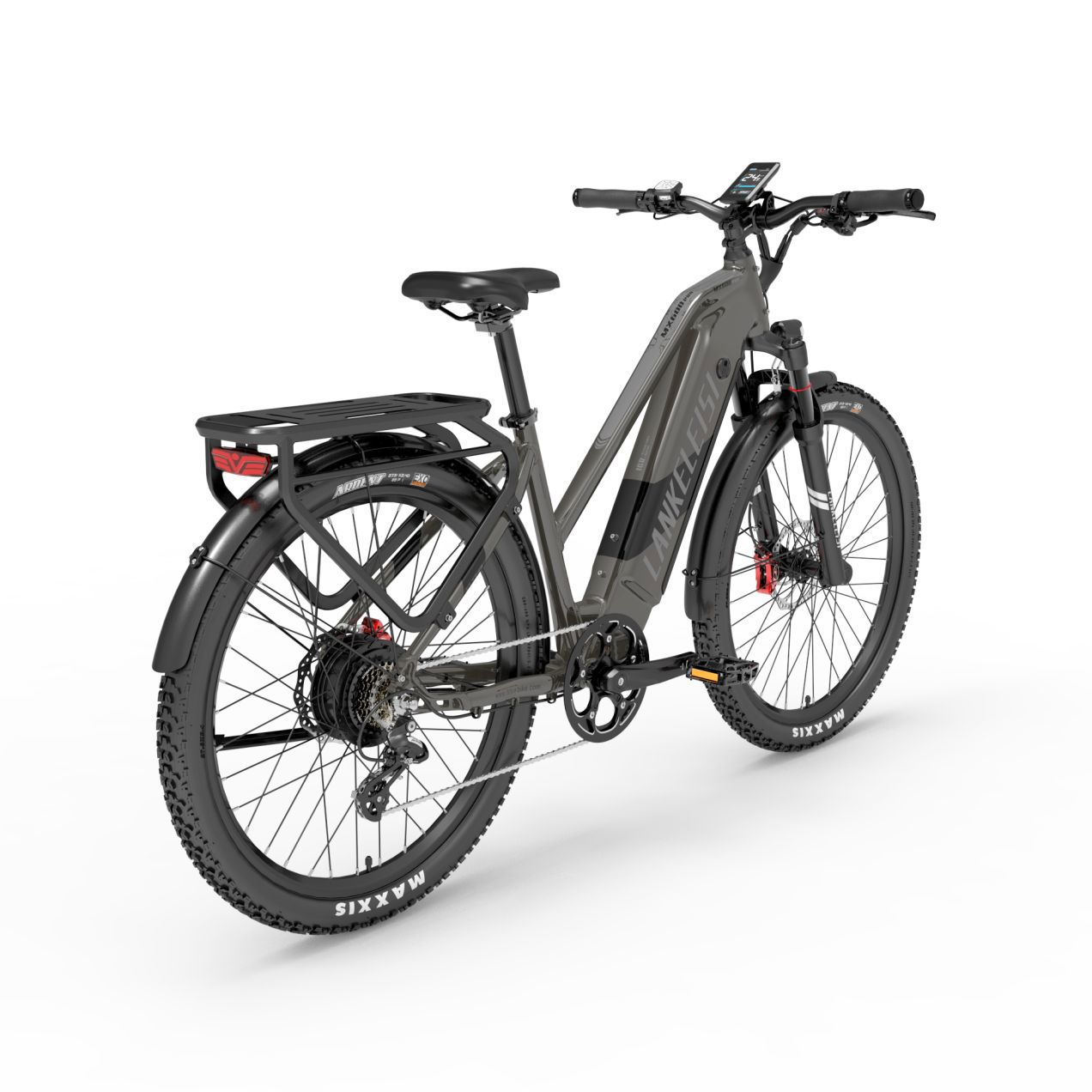 Bicicleta eléctrica gris con portaequipajes, guardabarros y soporte para teléfono.