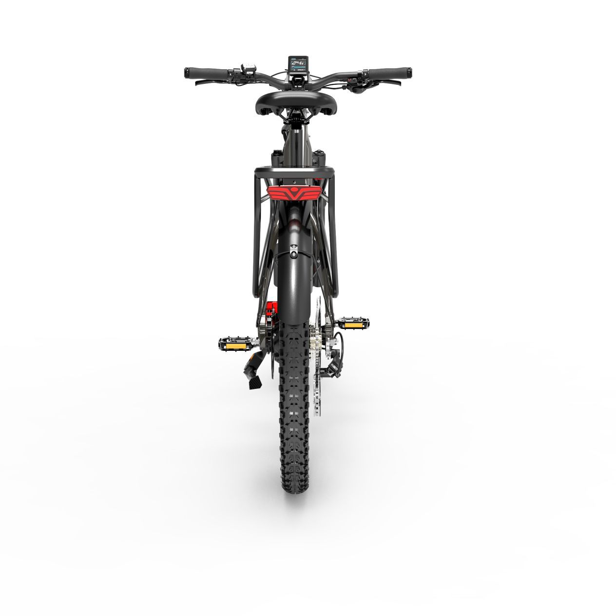 Vista trasera de una e-bike negra con neumáticos anchos, portaequipajes y luz trasera roja.