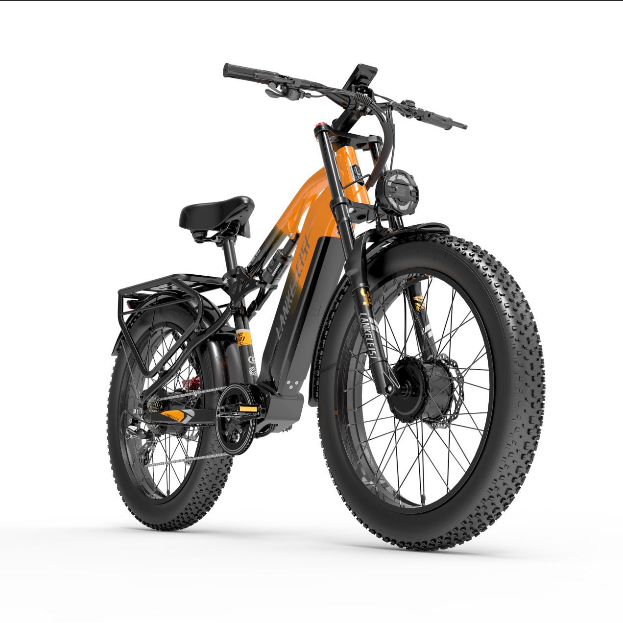 Una bicicleta eléctrica naranja y negra con llantas anchas y portaequipajes.