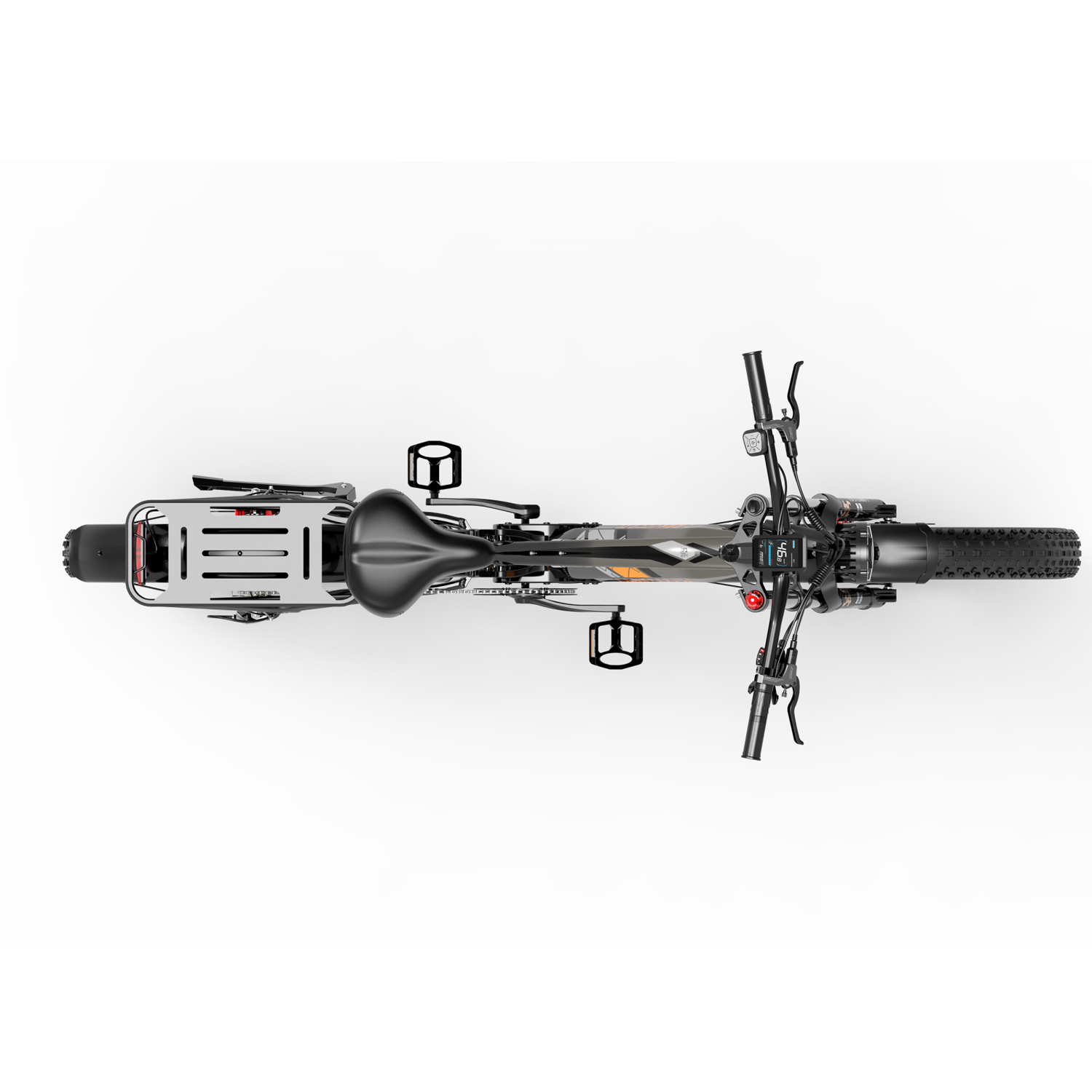 Vista superior de una bicicleta eléctrica negra y plateada con neumáticos anchos y portaequipajes.
