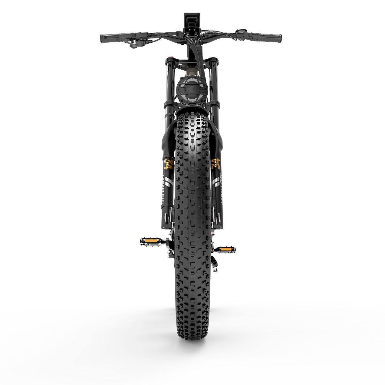 Vista frontal de una bicicleta eléctrica negra con neumáticos anchos y pedales amarillos.