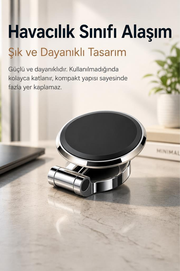 Siyah yüzeyli şık, gümüş renkli telefon standı masada duruyor.