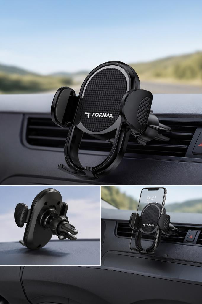 Siyah araç telefon tutucu havalandırma ızgarasına monte edilmiş, telefonlu.