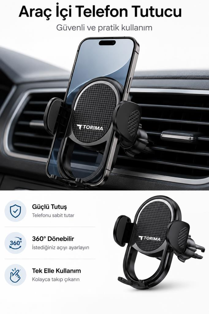 Telefon havalandırmalarına takılı, akıllı telefonlu siyah araç telefonu tutucu.