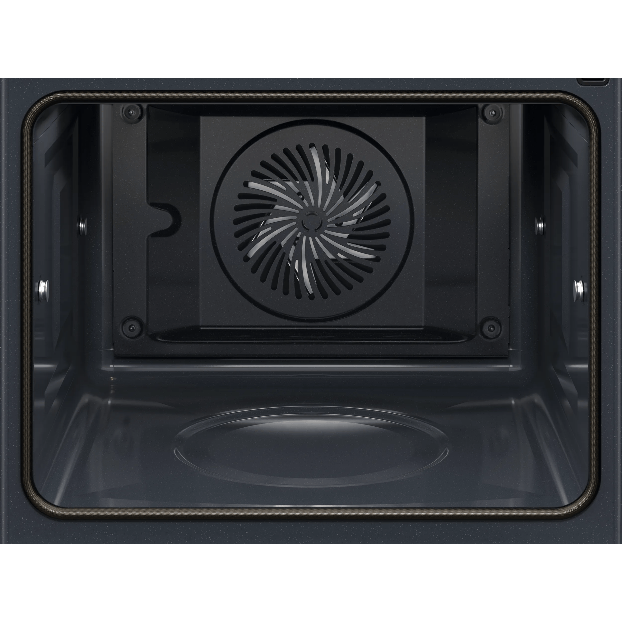 Interior de un horno oscuro con ventilador y luces.