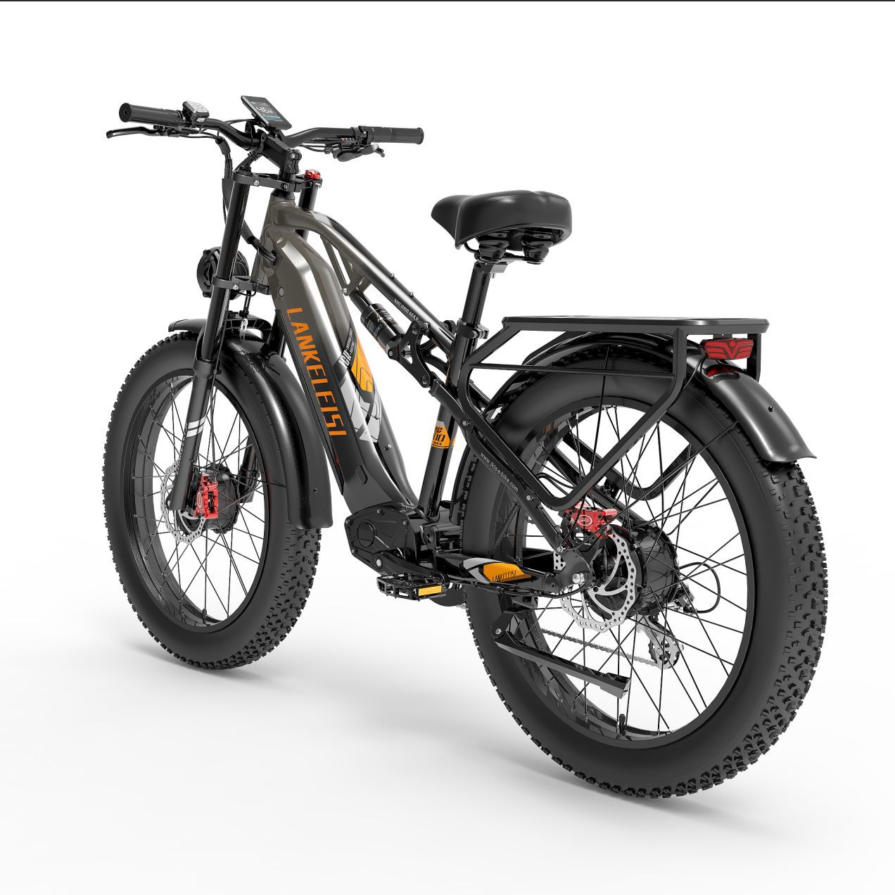 Bicicleta eléctrica gris con neumáticos anchos, portaequipajes y pantalla.