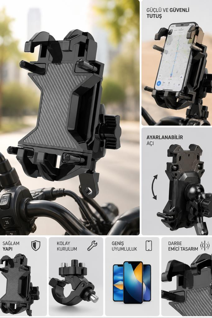 Ayarlanabilir açılı ve darbeye dayanıklı motosiklet telefon tutucu.