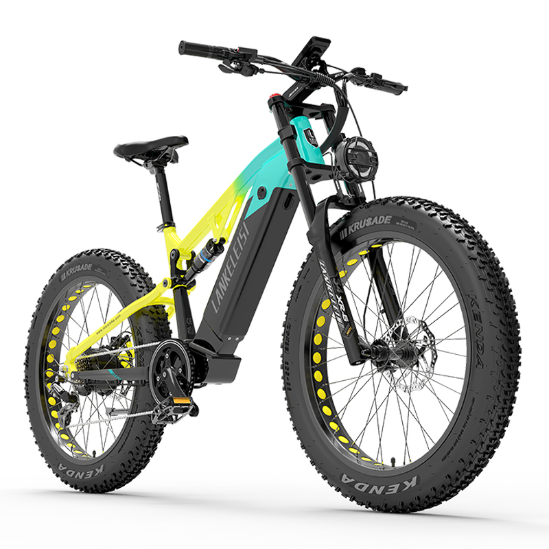 Una bicicleta eléctrica de llantas anchas con cuadro degradado amarillo-turquesa.