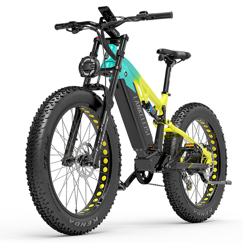 Una fat bike eléctrica amarilla y turquesa con neumáticos gruesos y suspensión.