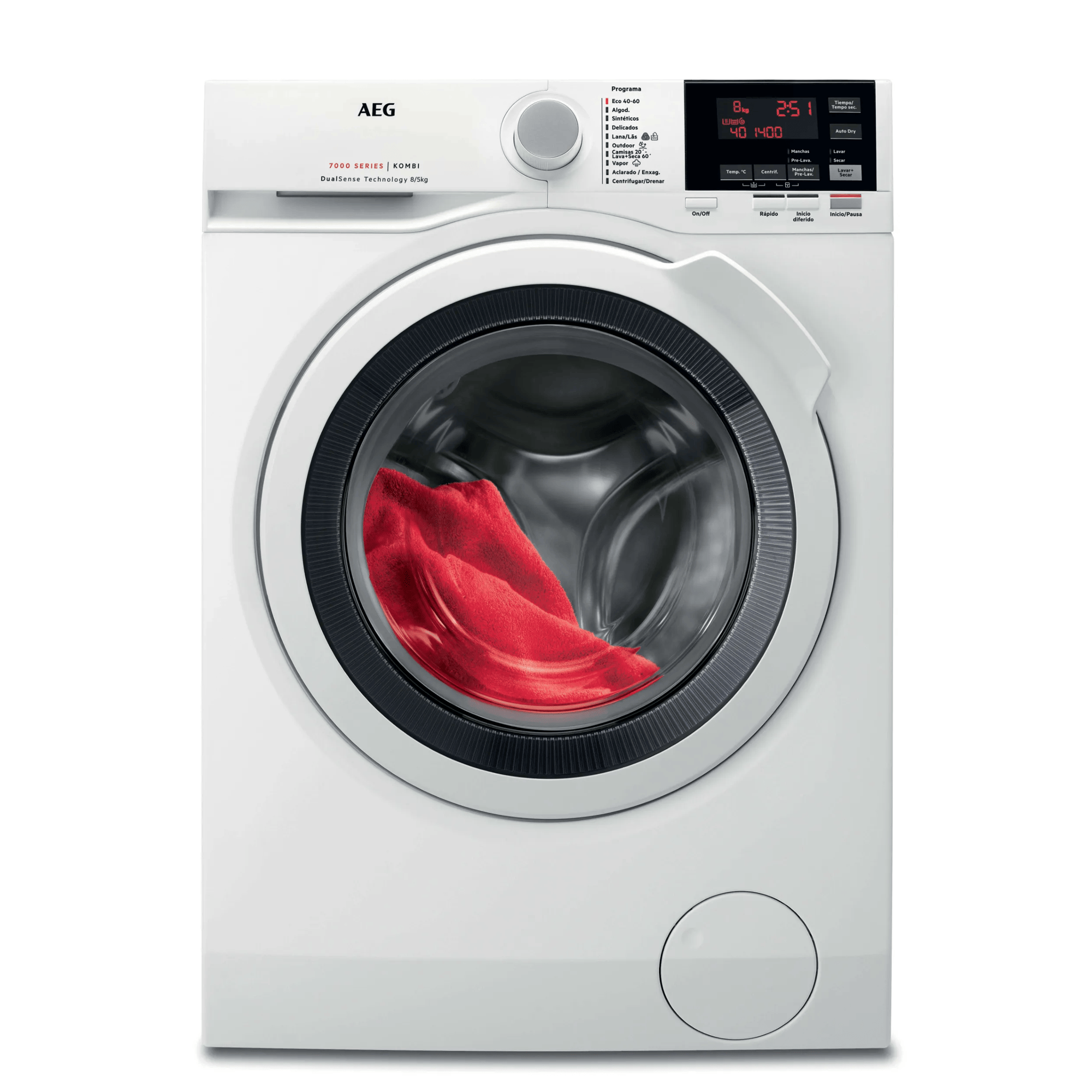 Lavatrice AEG bianca con asciugamano rosso nel cestello e display.