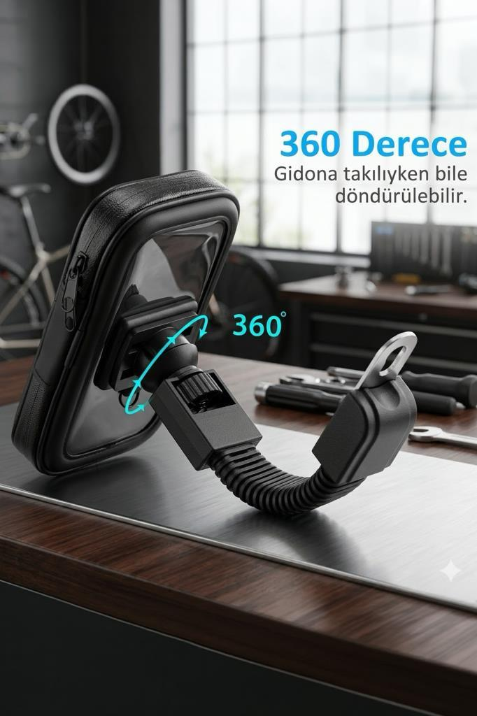 Ahşap masa üzerinde esnek kollu ve 360 derece dönebilen siyah telefon tutucu.
