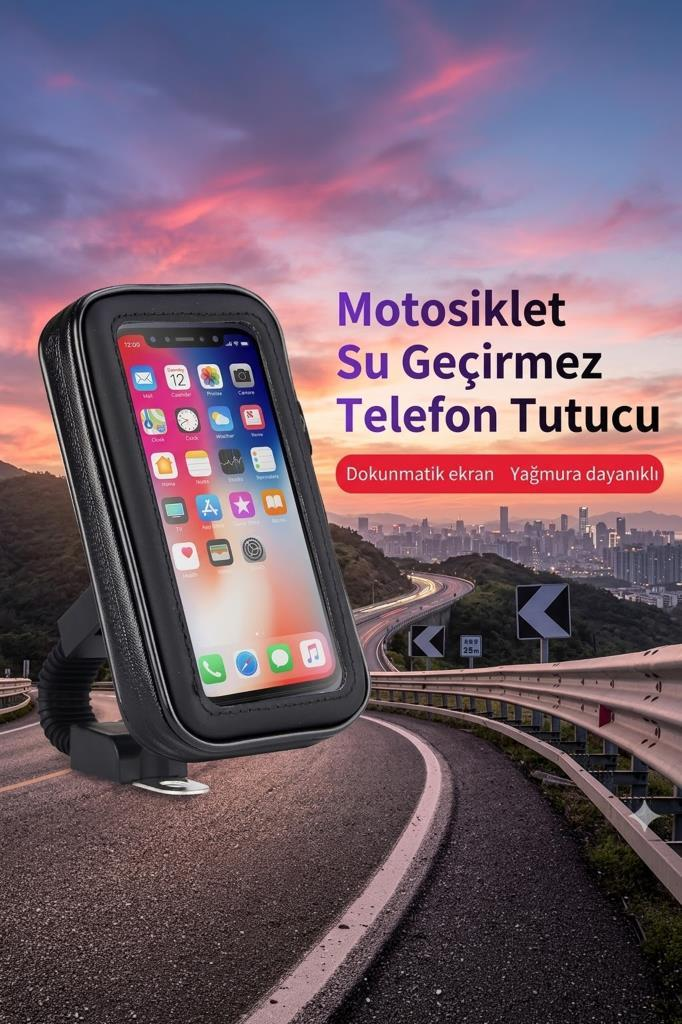 Gün batımında kıvrımlı yolda motosiklet için su geçirmez telefon tutucu.
