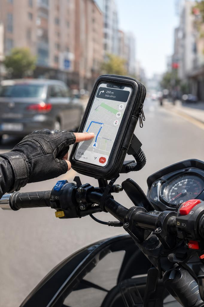Motosikletli, telefon tutucaktaki navigasyon uygulamasına dokunuyor.
