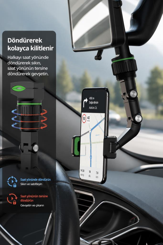 Navigasyon uygulamalı telefon tutucu, otomobilin gösterge paneline monte edilmiştir.