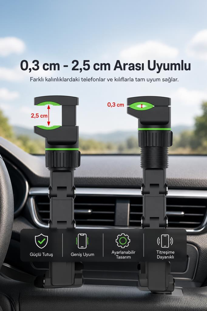 Araç telefon tutucu, 0,3-2,5 cm kalınlığa uygun, güçlü tutuşlu, ayarlanabilir.