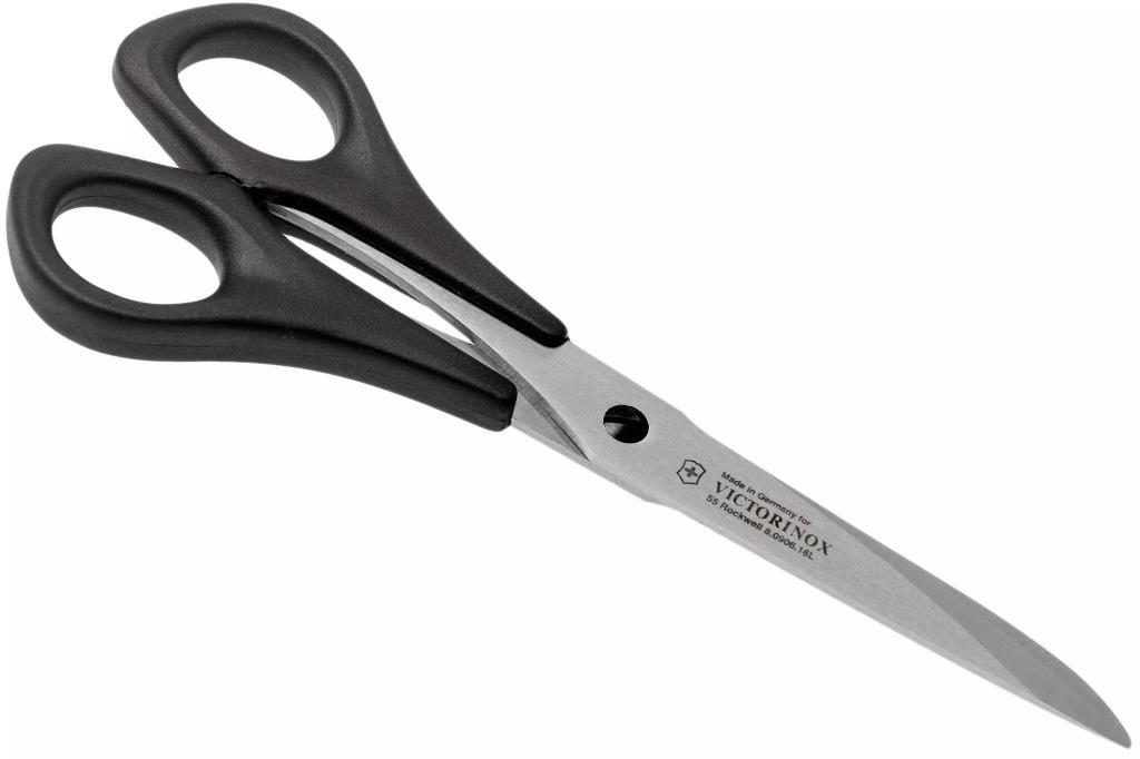 Victorinox için Almanya'da üretilmiş, siyah saplı gümüş bıçaklı makas.