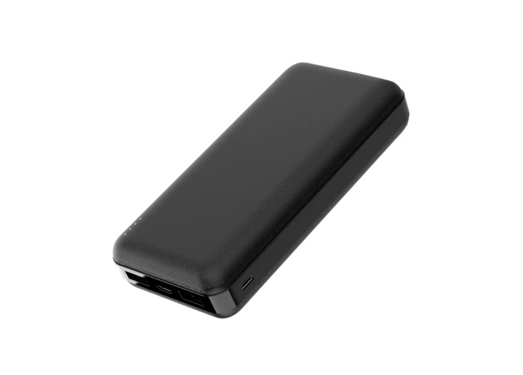 USB bağlantı noktalarına ve şarj göstergesine sahip siyah dikdörtgen powerbank.
