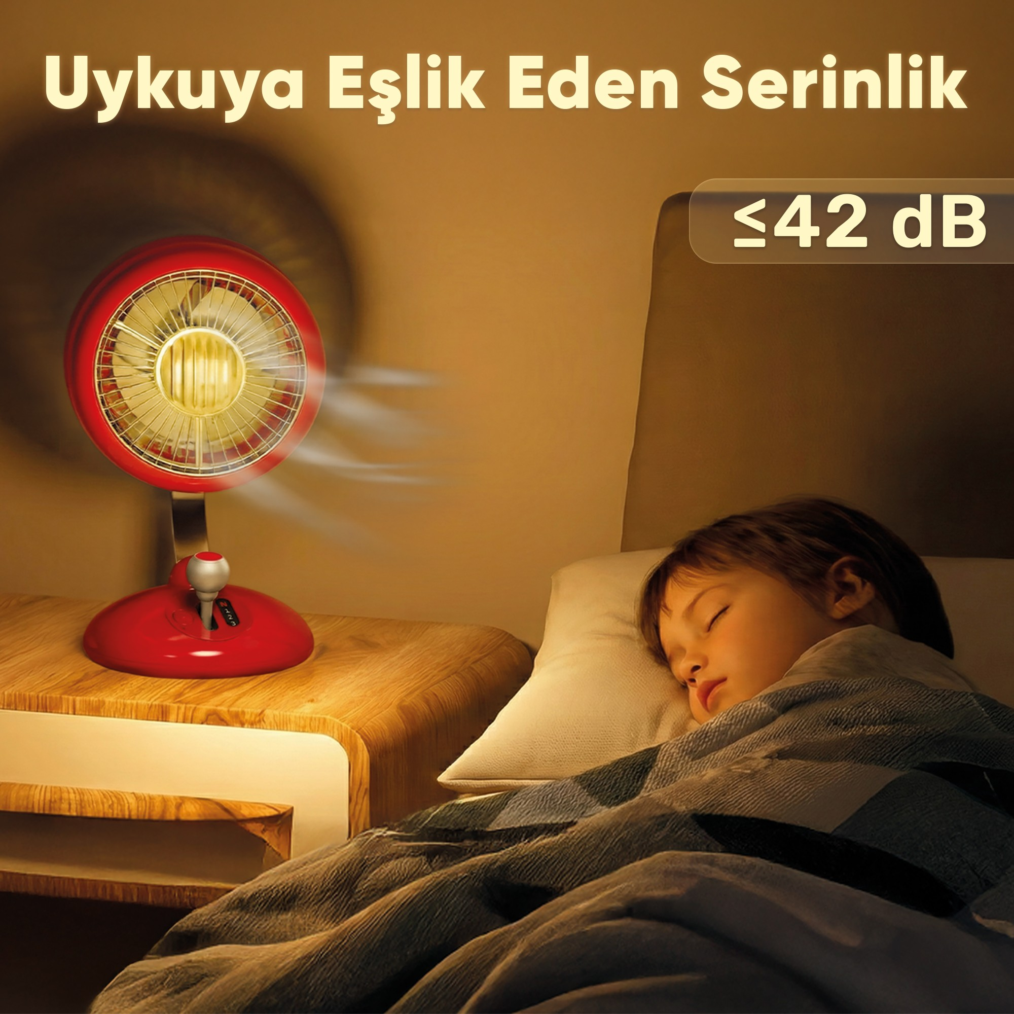 Yatakta uyuyan çocuğun yanında kırmızı bir vantilatör.