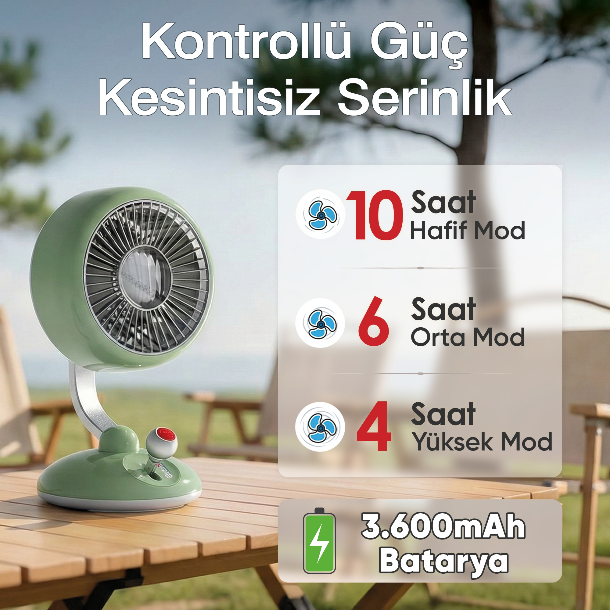 3 hız ayarı ve 3600mAh bataryalı yeşil bir vantilatör dış mekan ahşap masada duruyor.