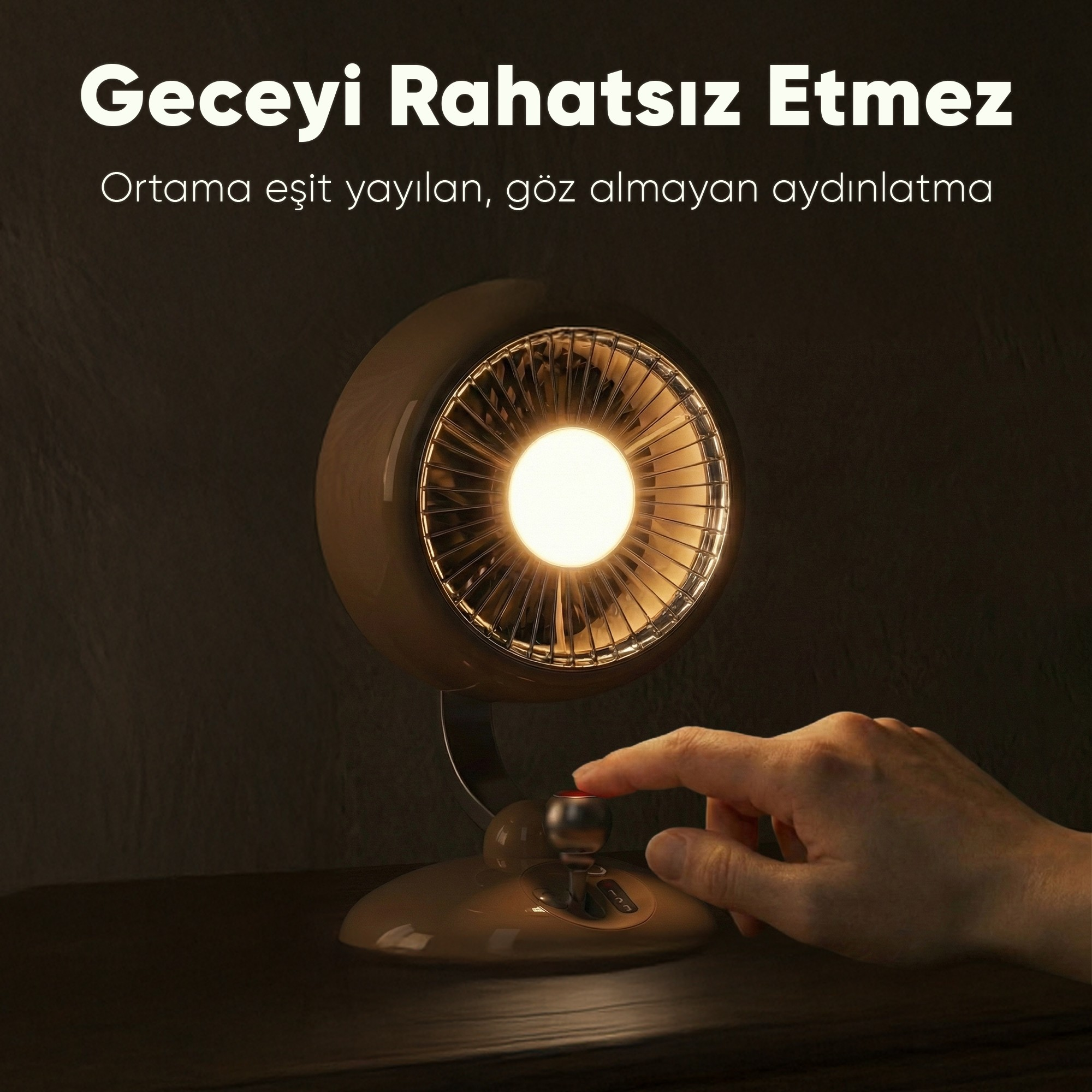 Parmakla basılan, parlaklık ayar düğmeli bir komodin lambası ısıtıcısı.