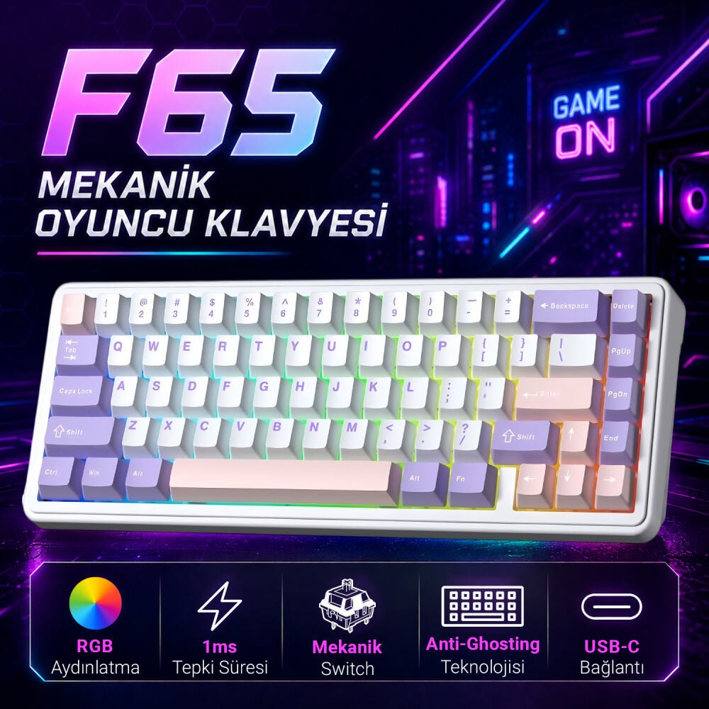 Renkli tuşlara ve RGB aydınlatmaya sahip beyaz mekanik klavye.