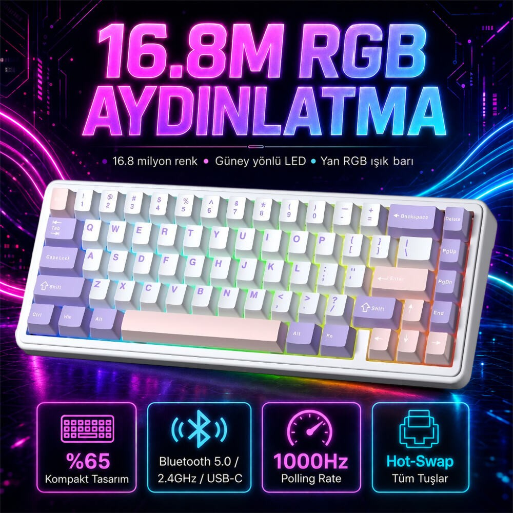 RGB aydınlatmalı, Türkçe karakterli beyaz klavye, altındaki tasarım ve bağlantı ikonları ile birlikte.