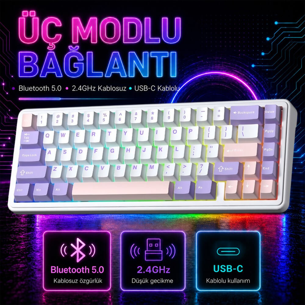 Renkli tuş başlıklarına sahip beyaz klavye ve altında üç bağlantı simgesi.