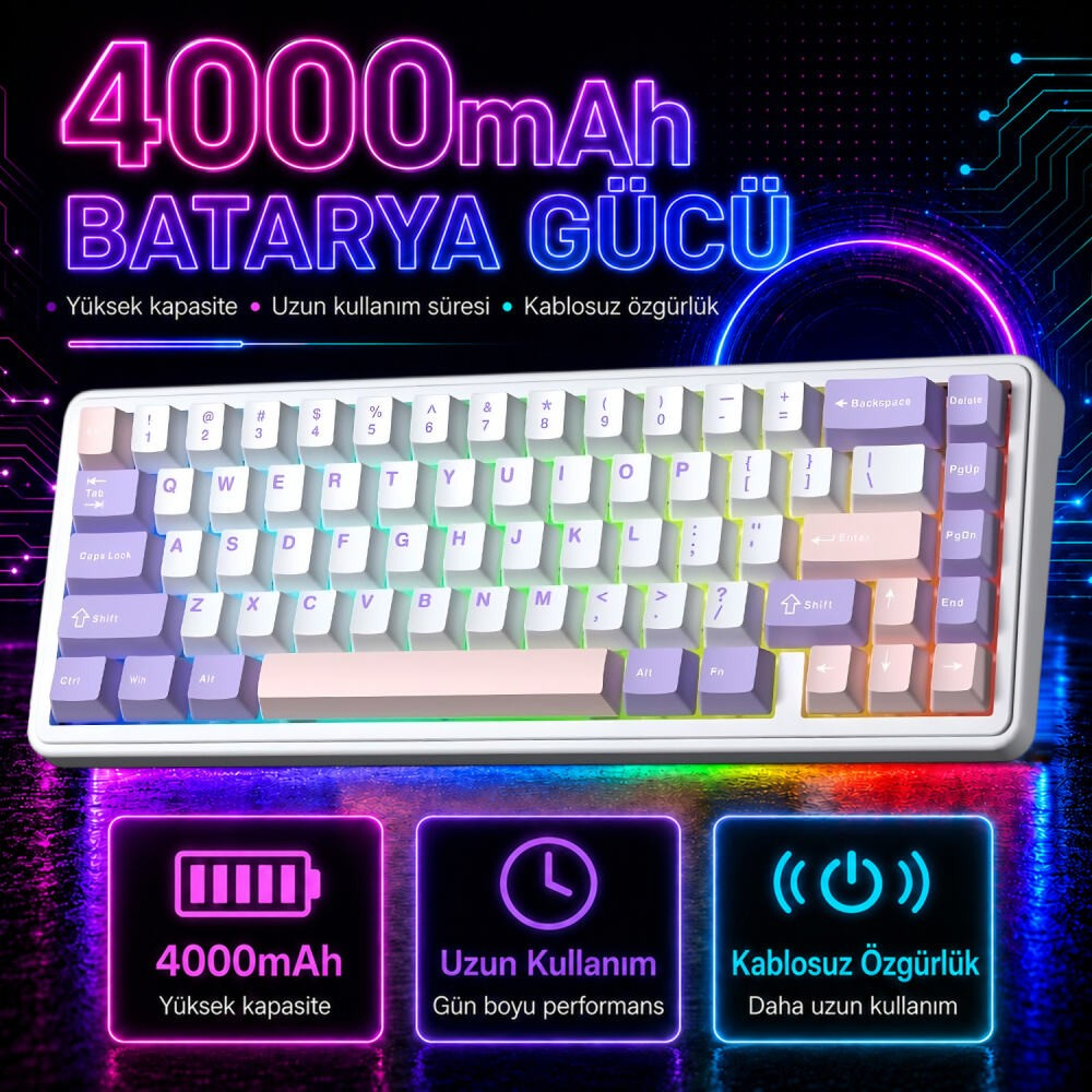 Renkli tuşlu beyaz klavye ve neon ışıklar. Altta üç simge: pil, saat, Wi-Fi.
