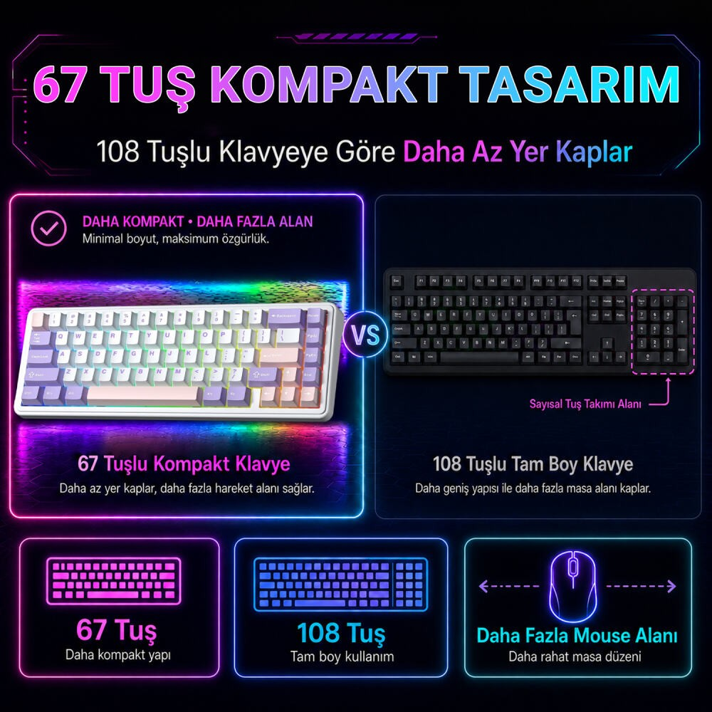 Kompakt ve tam klavyelerin fare ile karşılaştırması. 67 tuş ve 108 tuş.
