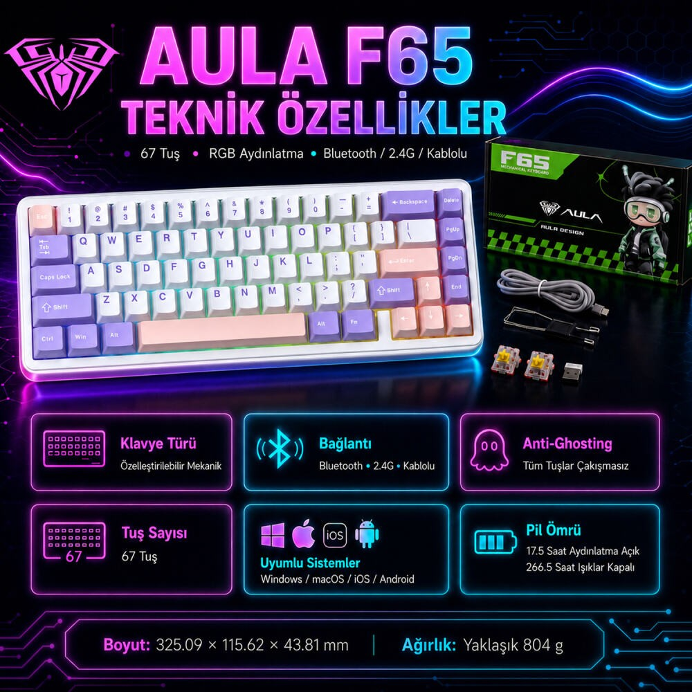 AULA F65 klavye: 67 tuş, RGB, Bluetooth, 2.4G, mekanik.