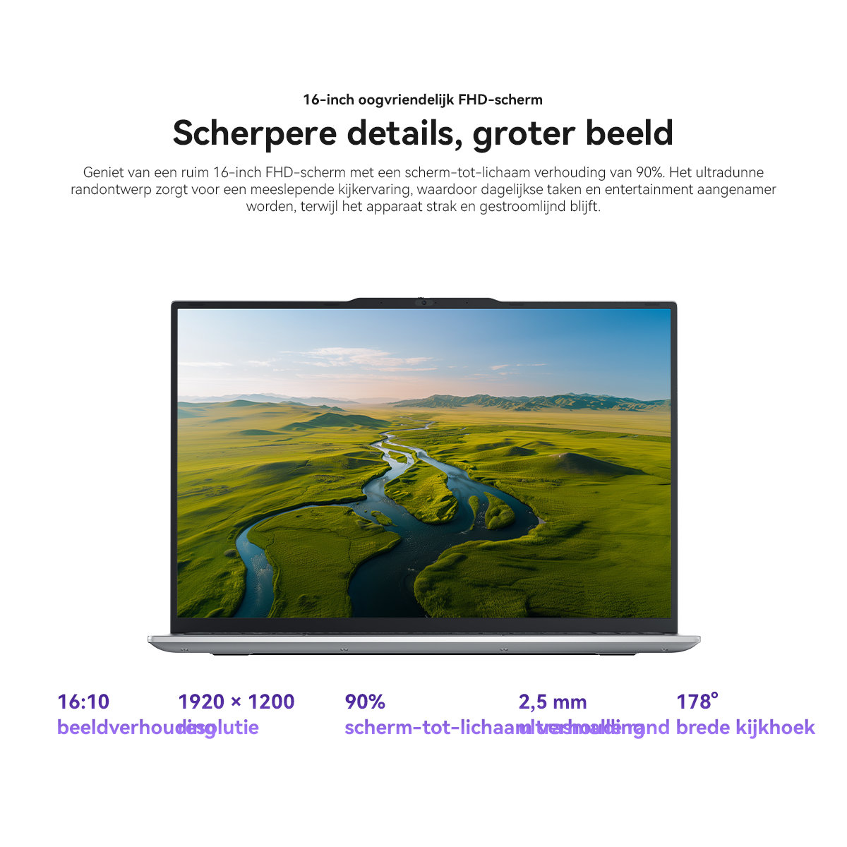 Een laptop met een 16-inch FHD-scherm dat een landschap toont.