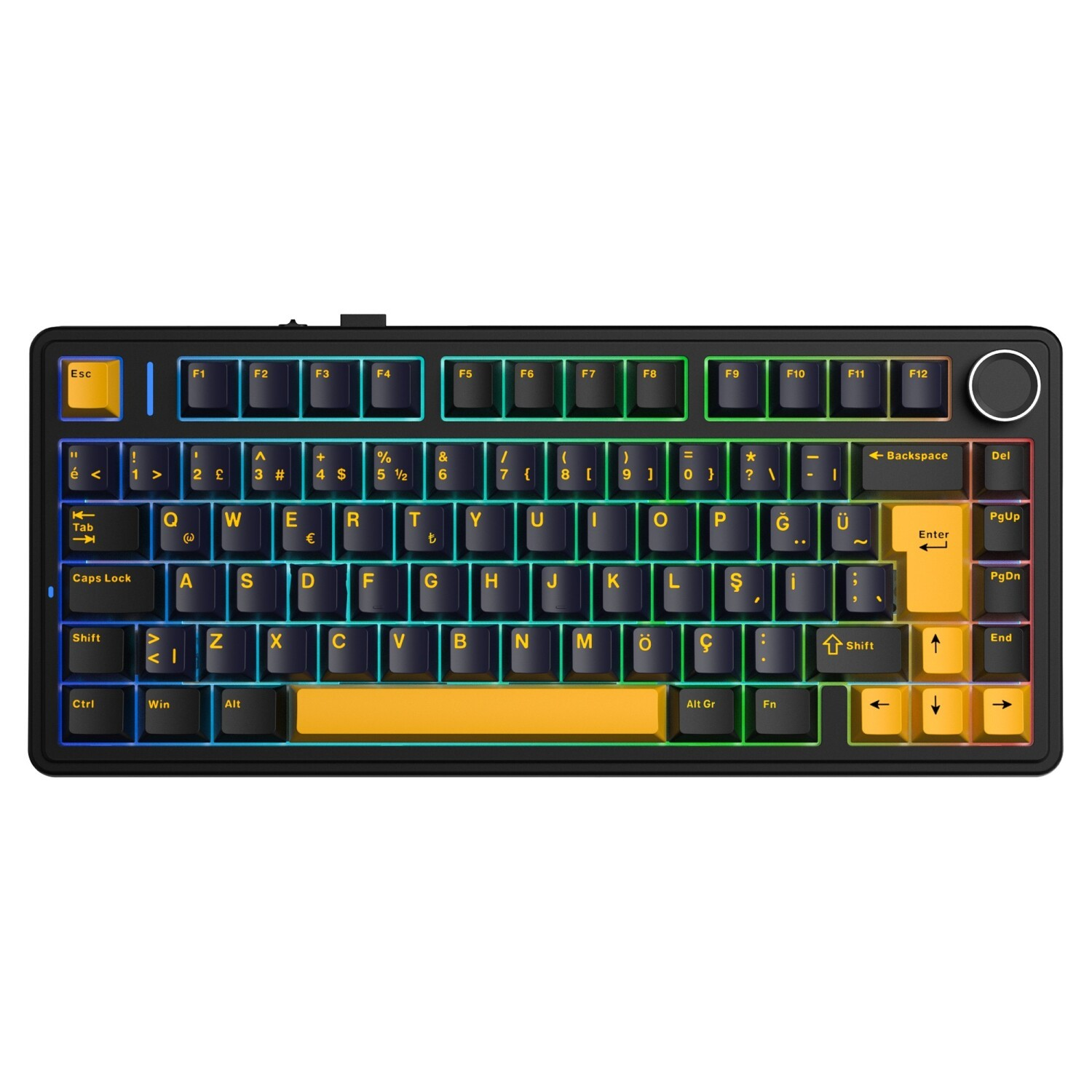 RGB arka aydınlatmalı ve sarı vurgulu tuşlara sahip siyah mekanik klavye.
