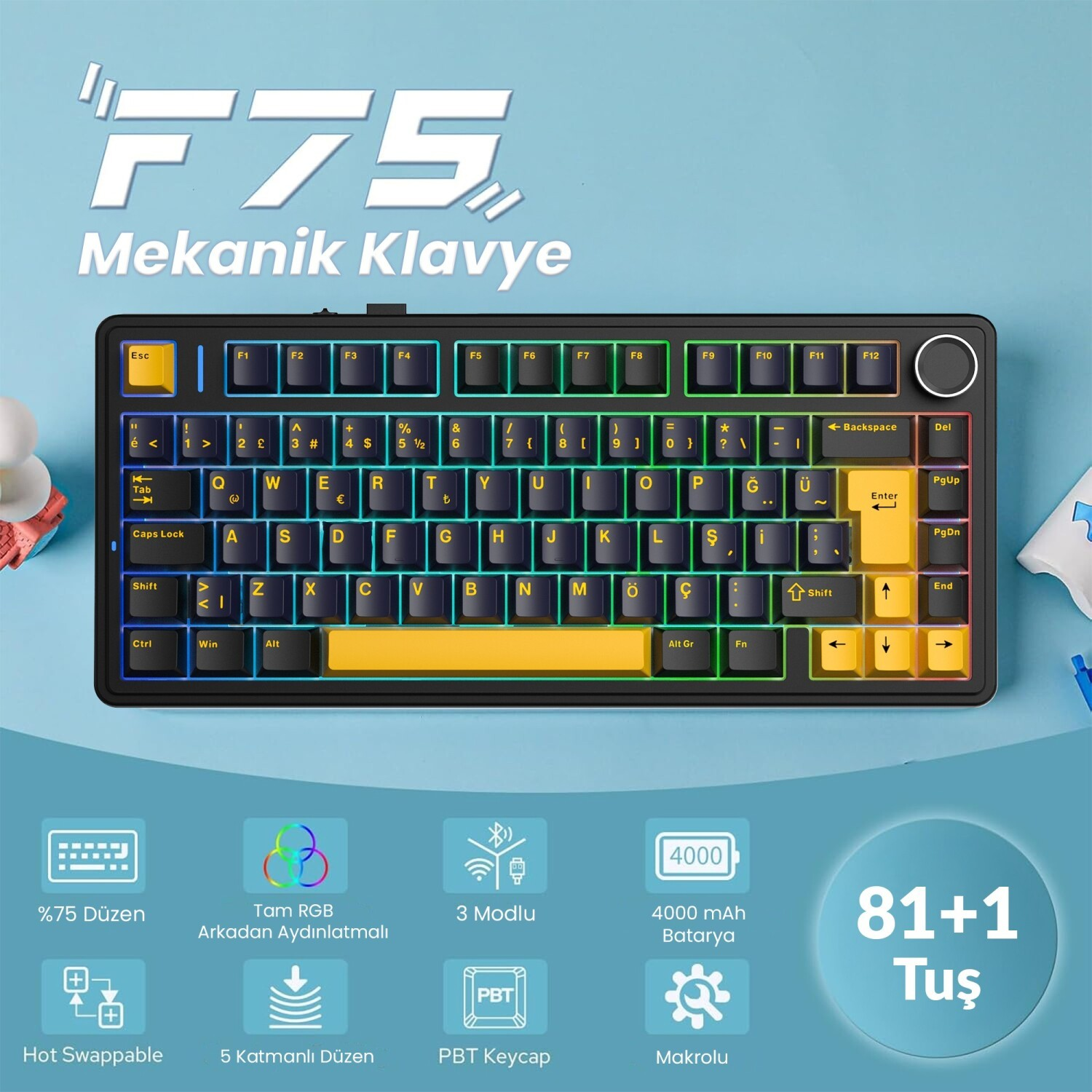 F75 logolu, RGB aydınlatmalı, Türkçe tuş takımlı mekanik klavye.