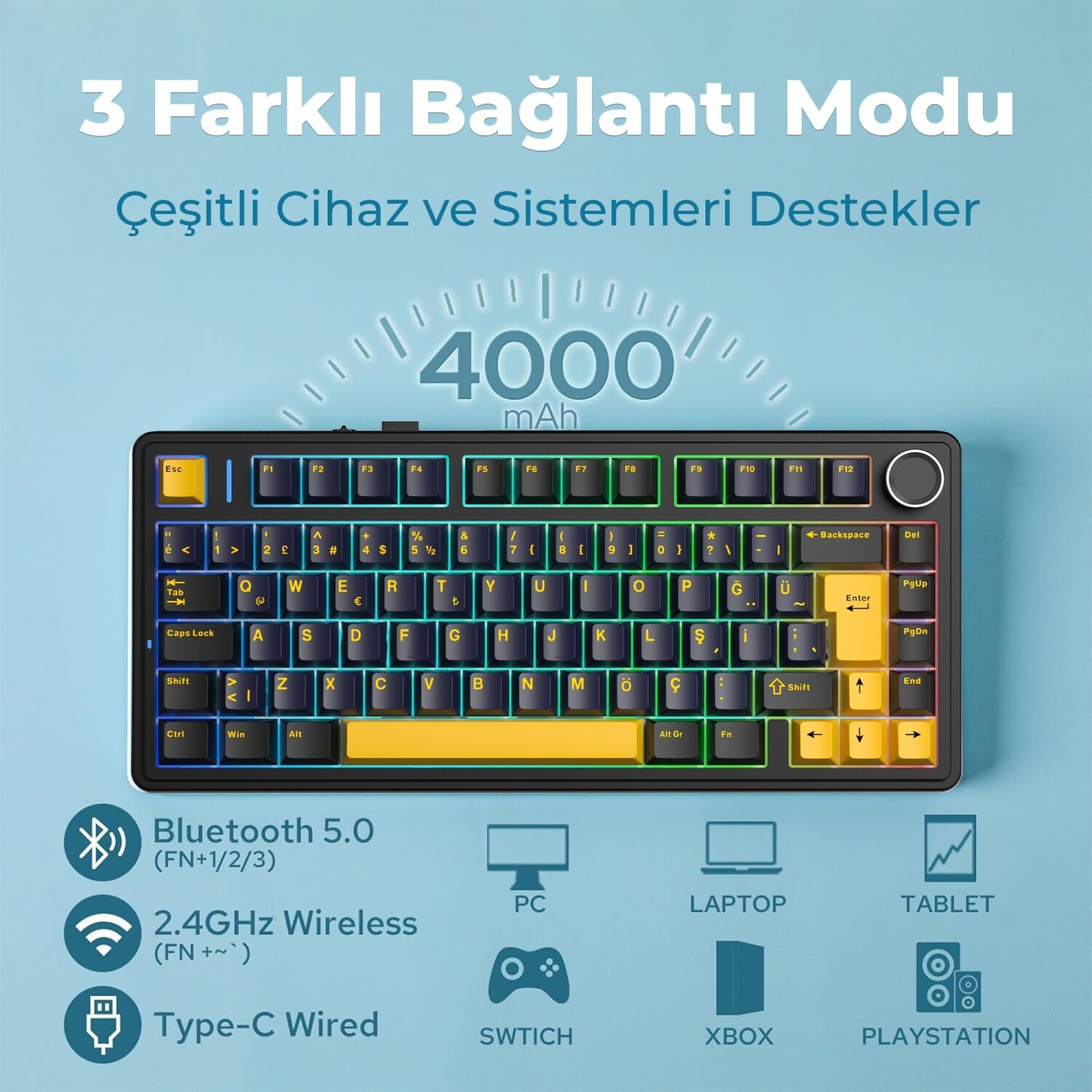 RGB aydınlatmalı ve sarı tuşlu siyah mekanik klavye.
