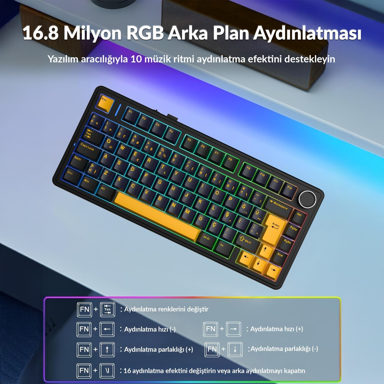 RGB aydınlatmalı siyah klavye, sarı vurgu tuşları. Ekran tuş kombinasyonlarını gösteriyor.