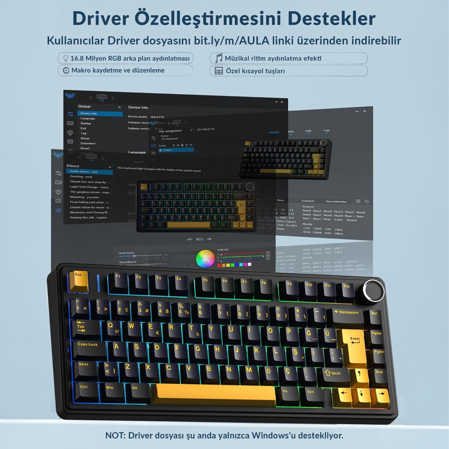 RGB aydınlatmalı ve yazılım arayüzlü siyah klavye.