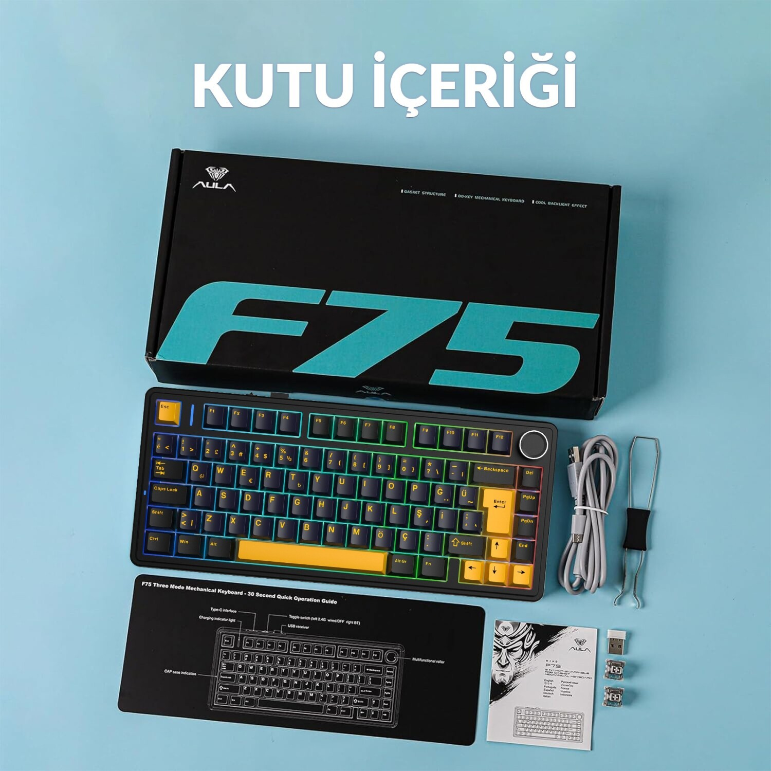 F75 yazılı siyah kutu ve renkli tuşlara sahip mekanik klavye.