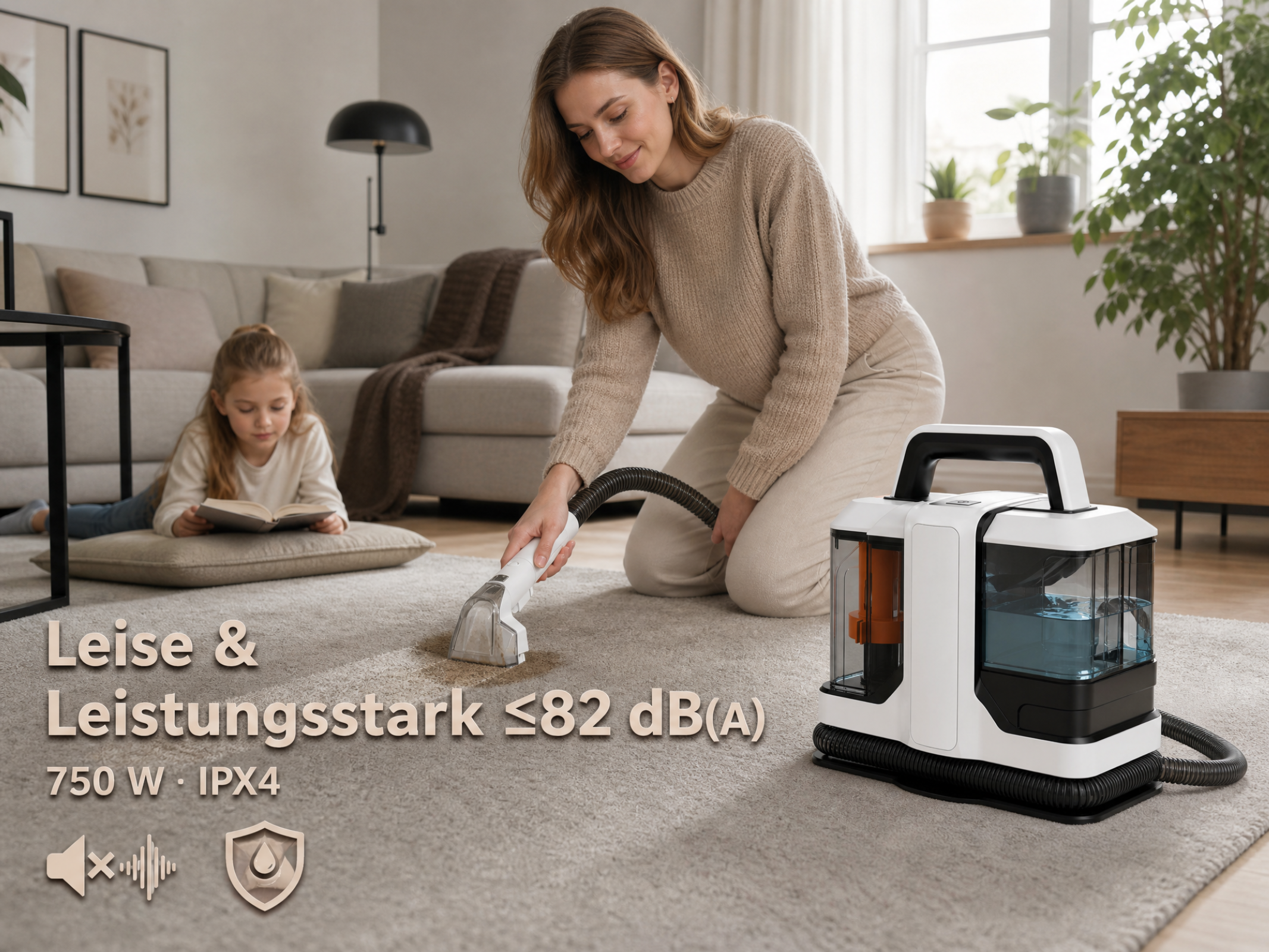 Eine Frau benutzt einen Nass-/Trockensauger, ein Mädchen liest.