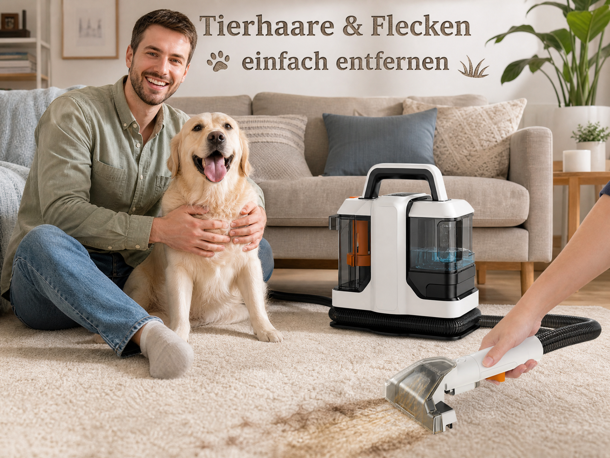 Mann mit Hund sitzt auf Teppich neben Reinigungsgerät. Flecken werden entfernt.