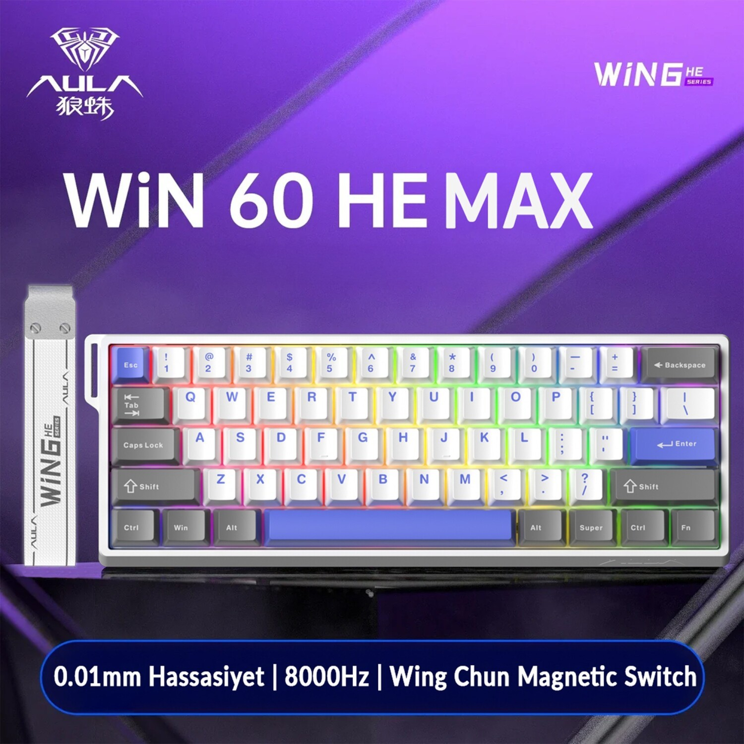 Renkli tuşlara ve gümüş kabloya sahip AULA WIN 60 HE MAX klavye.