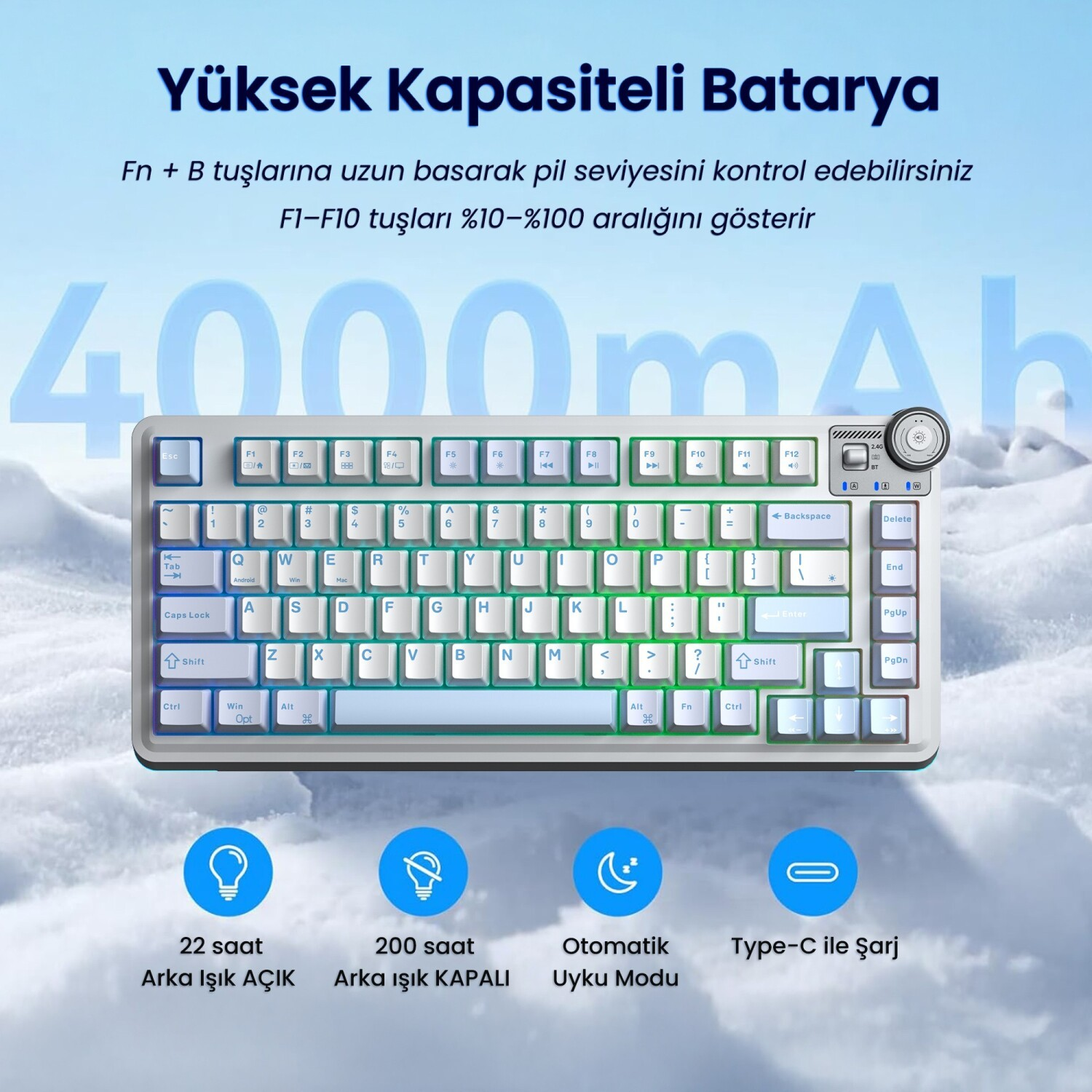 RGB aydınlatmalı beyaz klavye, 4000 mAh gösteren Türkçe metinli.