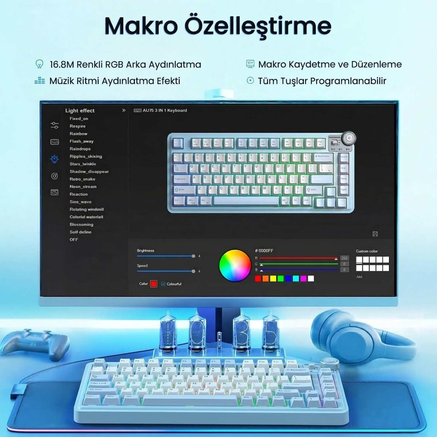 RGB aydınlatmalı açık mavi bir klavye gösteriliyor. Bir monitör özelleştirme seçeneklerini gösteriyor.